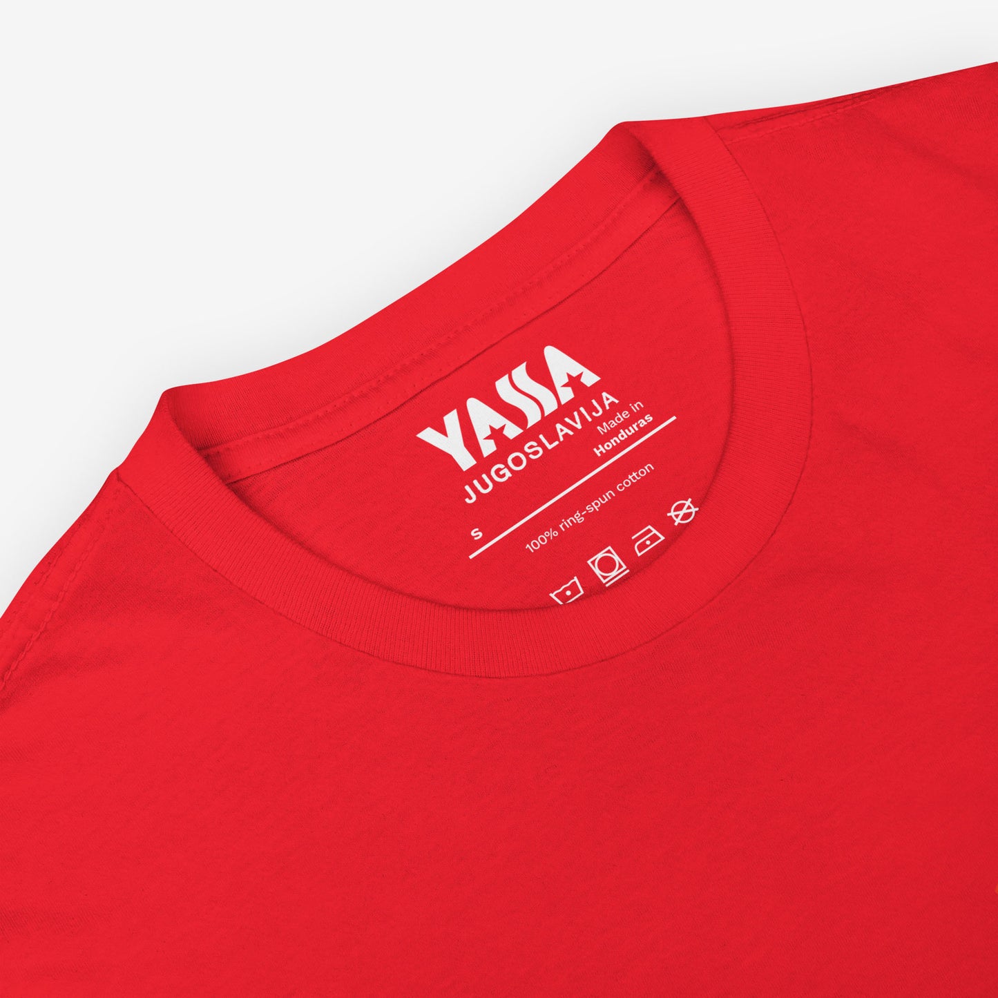 Red unisex regular fit T-shirt featuring small YASSA logo on the front and large logo with wordmark JUGOSLAVIJA on the back. The iconic Yugoslavia sportswear brand. Closeup print details and nacktag branded design. www.artsoviet.com