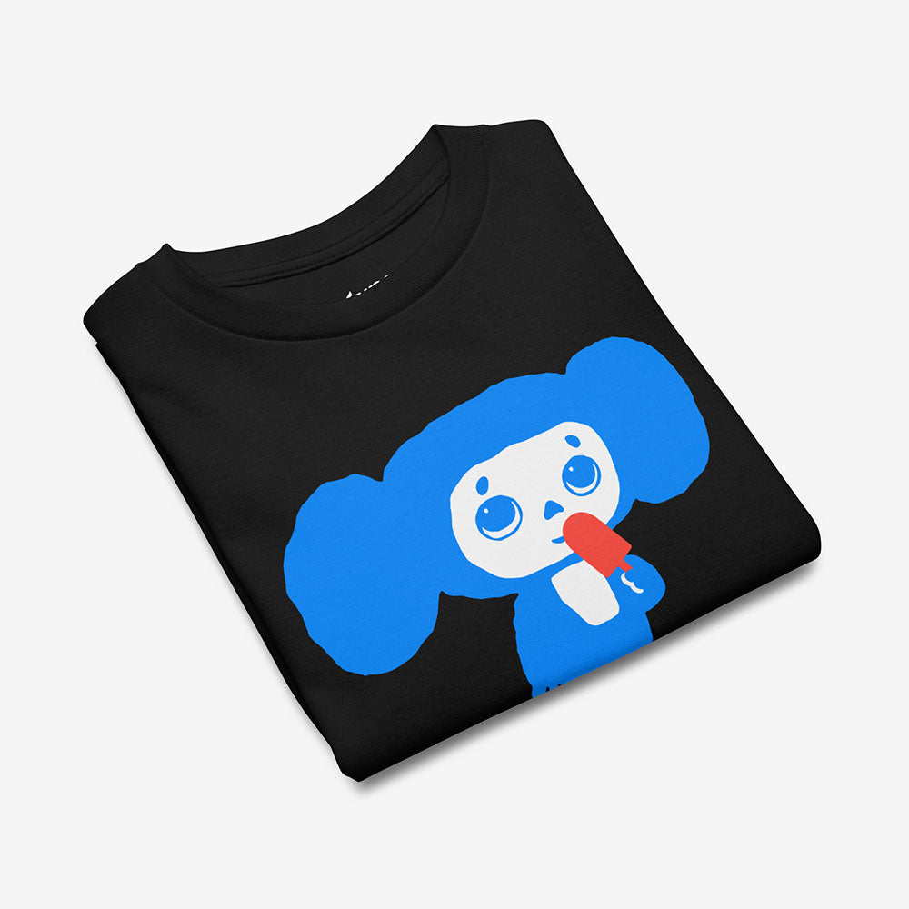 Youth Cheburashka T-shirt with Eskimo ice cream and Japanese チェブラーシカ logo, Soviet cartoon character