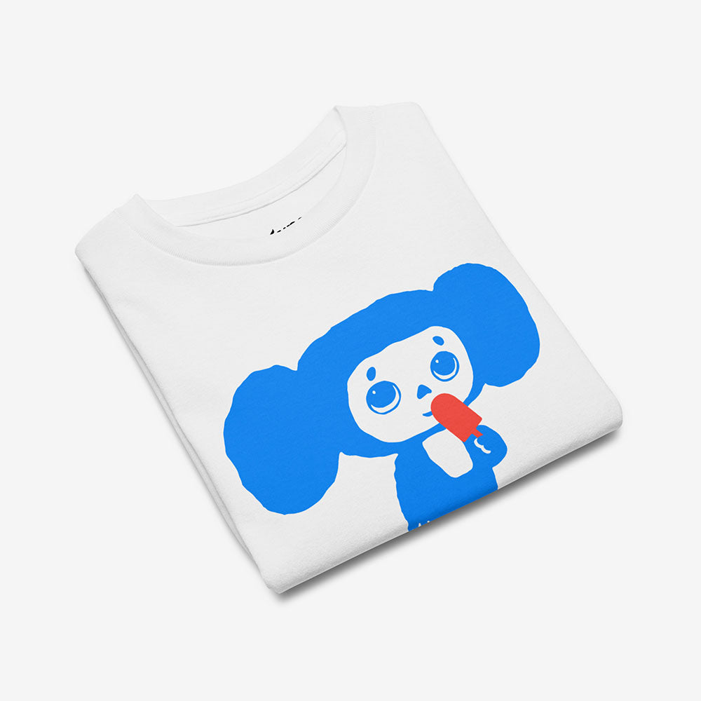 Youth Cheburashka T-shirt with Eskimo ice cream and Japanese チェブラーシカ logo, Soviet cartoon character