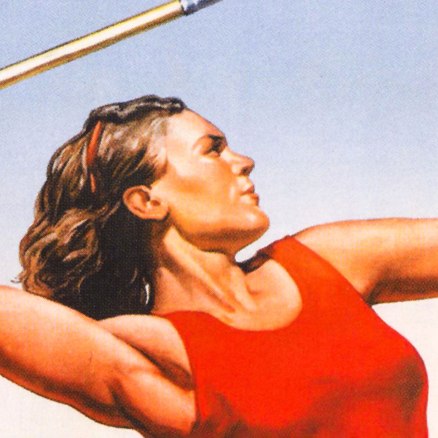 Soviet sports propaganda poster featuring a young female athlete at a stadium with the slogan "Youth, to the stadiums!"