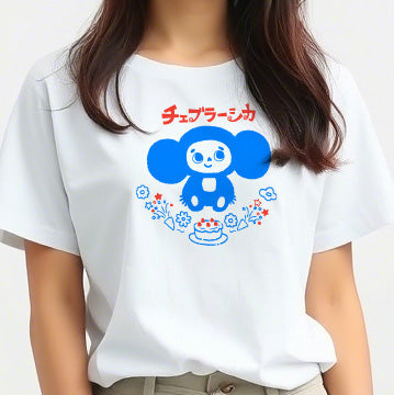 Cheburashka on a white T-Shirt worn by a young model girl