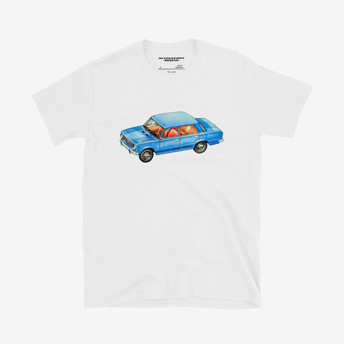 White t-shirt with VAZ 2101 Zhiguli Lada print from www.sovisual.art