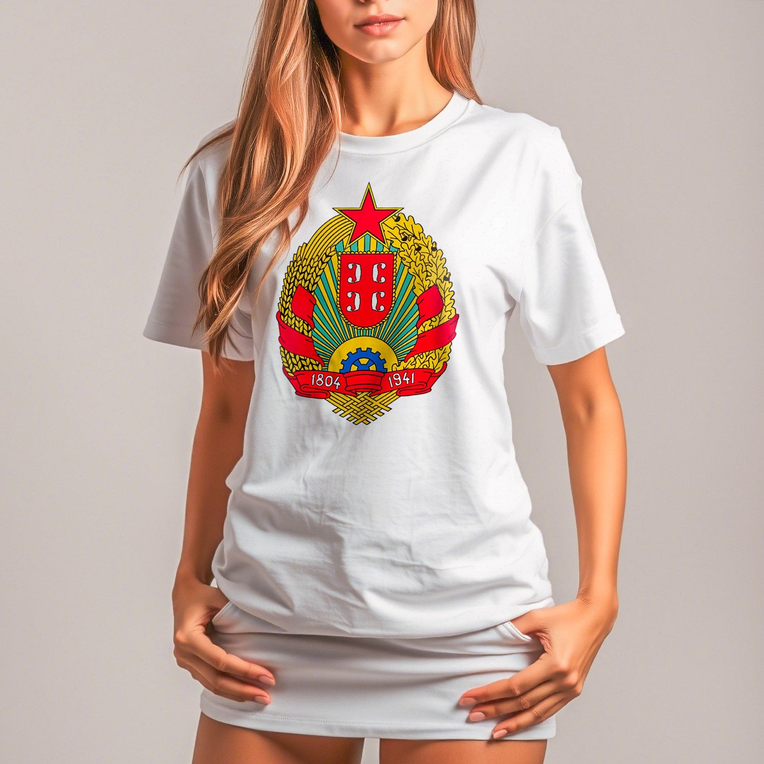 Young woman wearing Yugoslavian vintage T-shirt from SovietVisual's premium archival collection