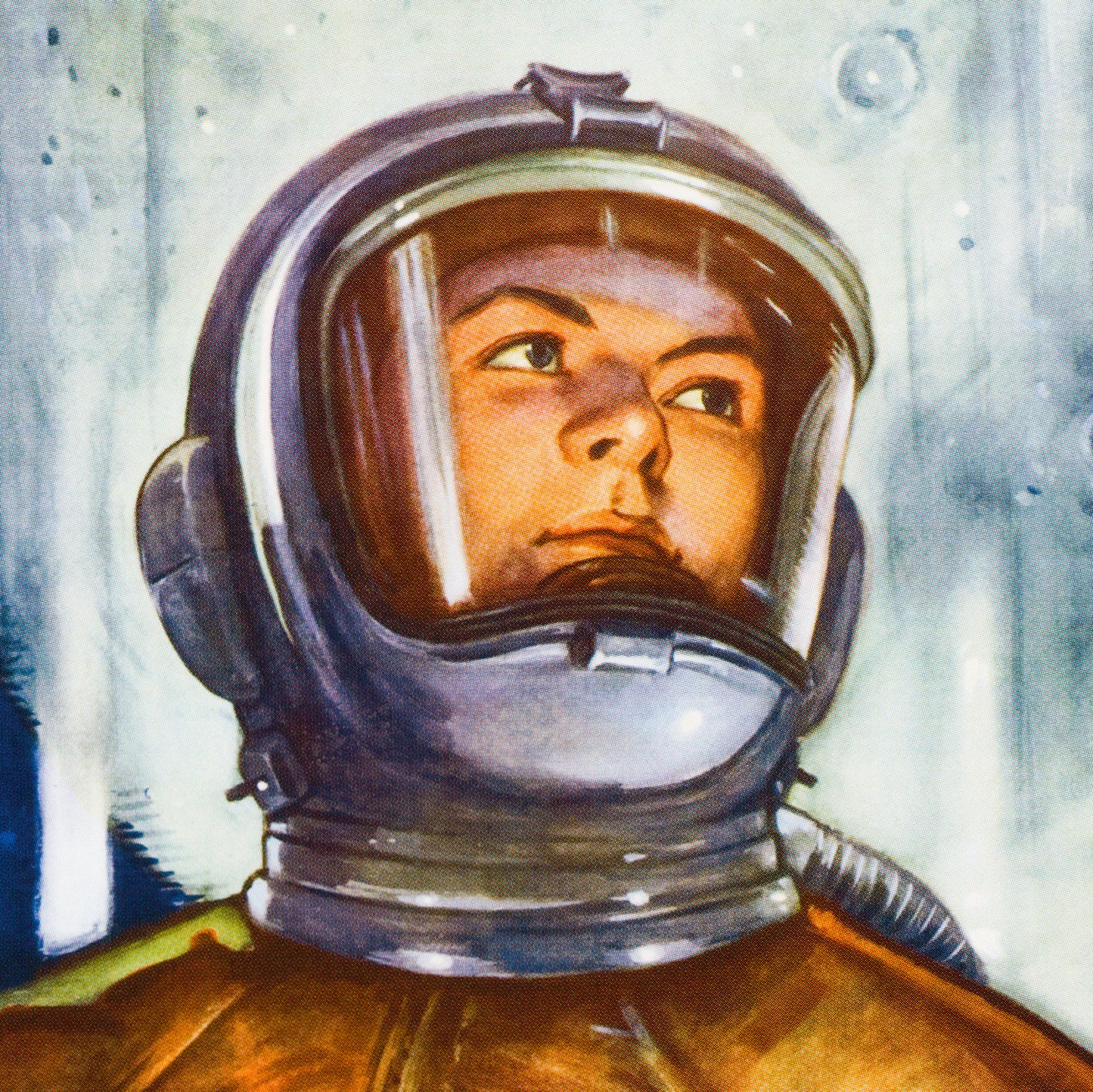Rare Soviet space poster featuring a cosmonaut inside a spacecraft, looking through a porthole at the Moon, with space rockets in the distance. High-resolution print, exclusive to Soviet Visual. Closeup details