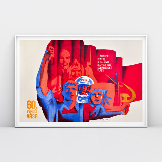 Soviet Czechoslovakia October Revolution poster – Lenin, Gagarin, pioneers, red flag