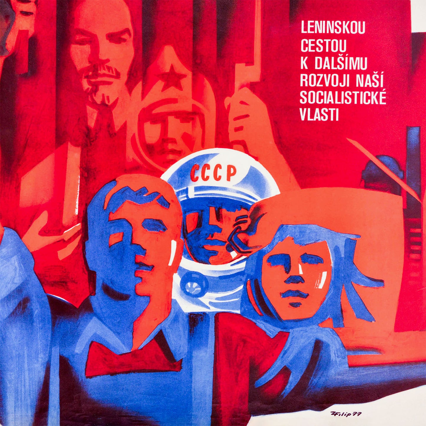 Soviet Czechoslovakia October Revolution poster – Lenin, Gagarin, pioneers, red flag