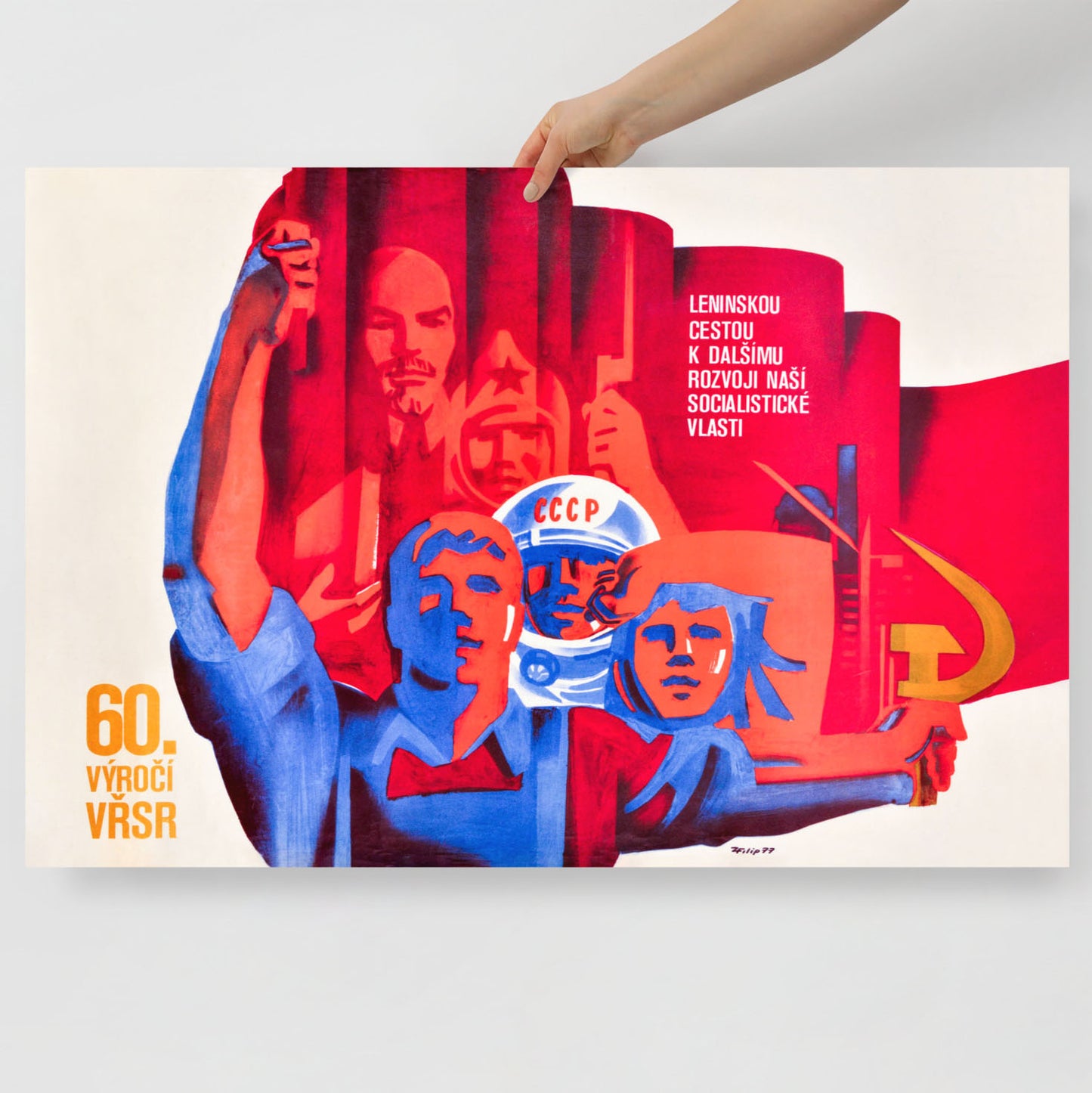 Soviet Czechoslovakia October Revolution poster – Lenin, Gagarin, pioneers, red flag