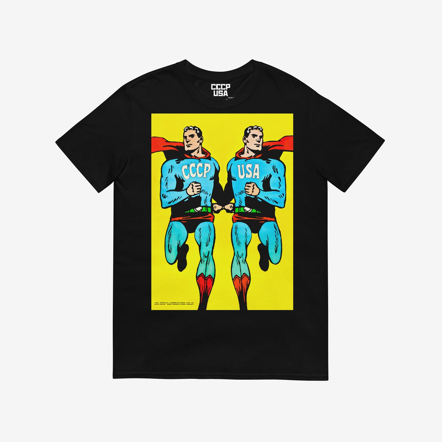 Superpowers black T-shirt. Two supermans running together – CCCP and USA in comic style. www.artsoviet.com