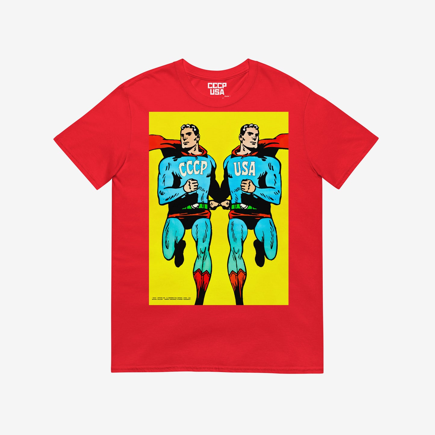 Superpowers red T-shirt. Two supermans running together – CCCP and USA in comic style. www.artsoviet.com
