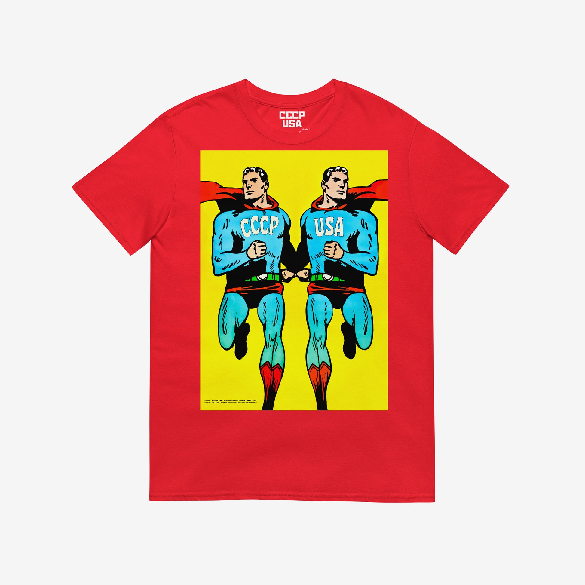 Superpowers red T-shirt. Two supermans running together – CCCP and USA in comic style. www.artsoviet.com