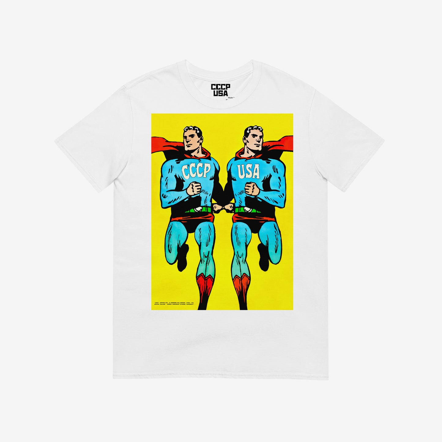 Superpowers white T-shirt. Two supermans running together – CCCP and USA in comic style. www.artsoviet.com
