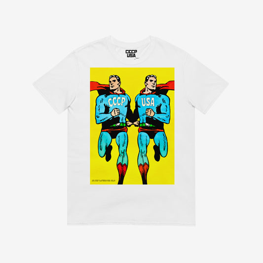 Comics style Superpowers white unisex T-shirt featuring two supermans running together with CCCP and USA on their chests