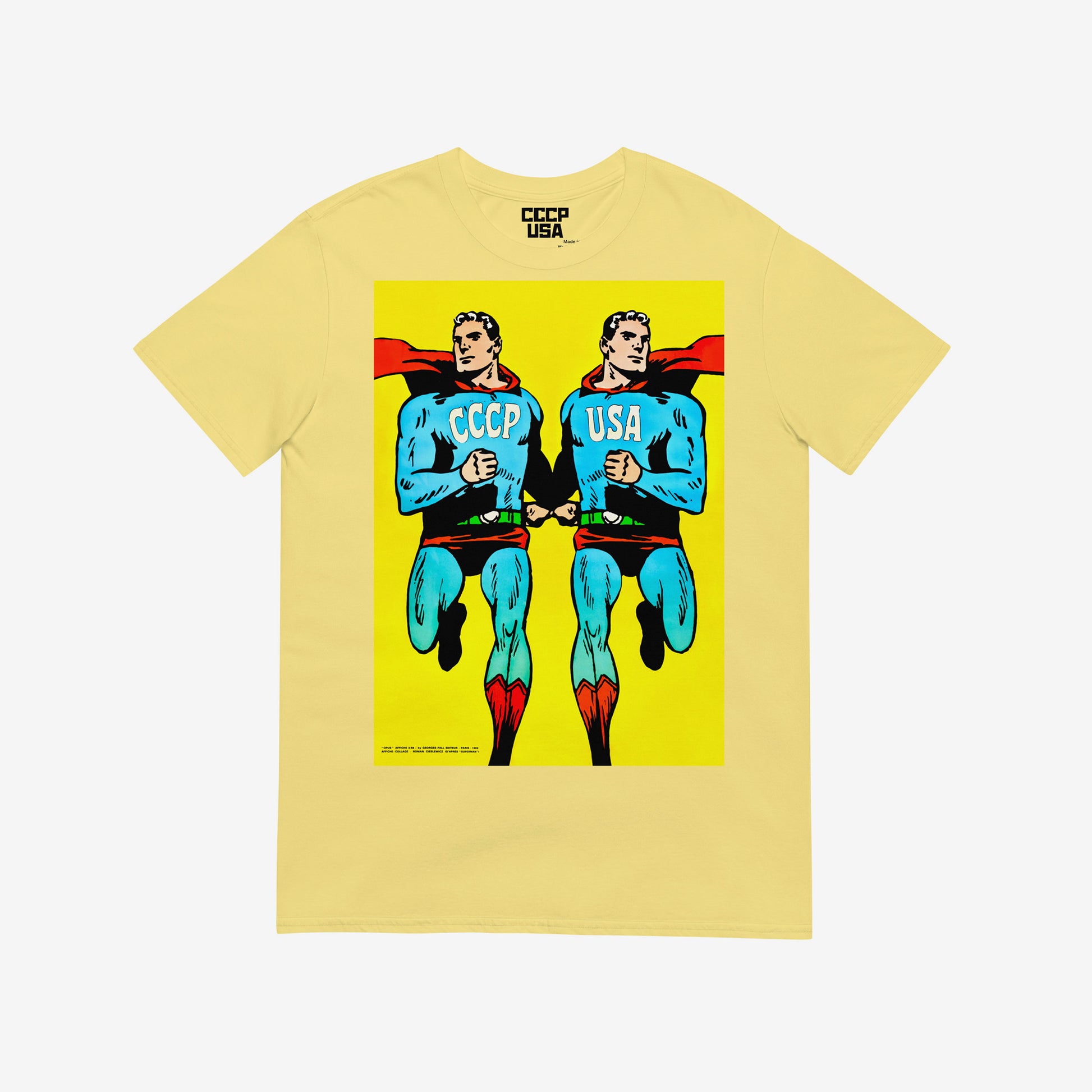 Superpowers yellow T-shirt. Two supermans running together – CCCP and USA in comic style. www.artsoviet.com