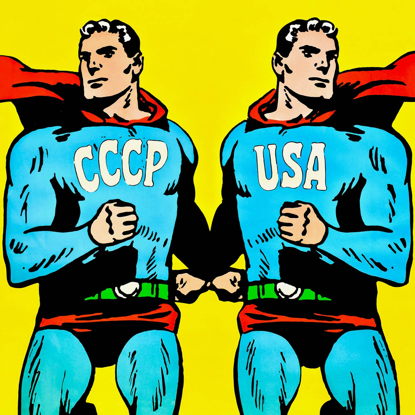Two Superman-style figures – CCCP and USA Cold War comic parody poster