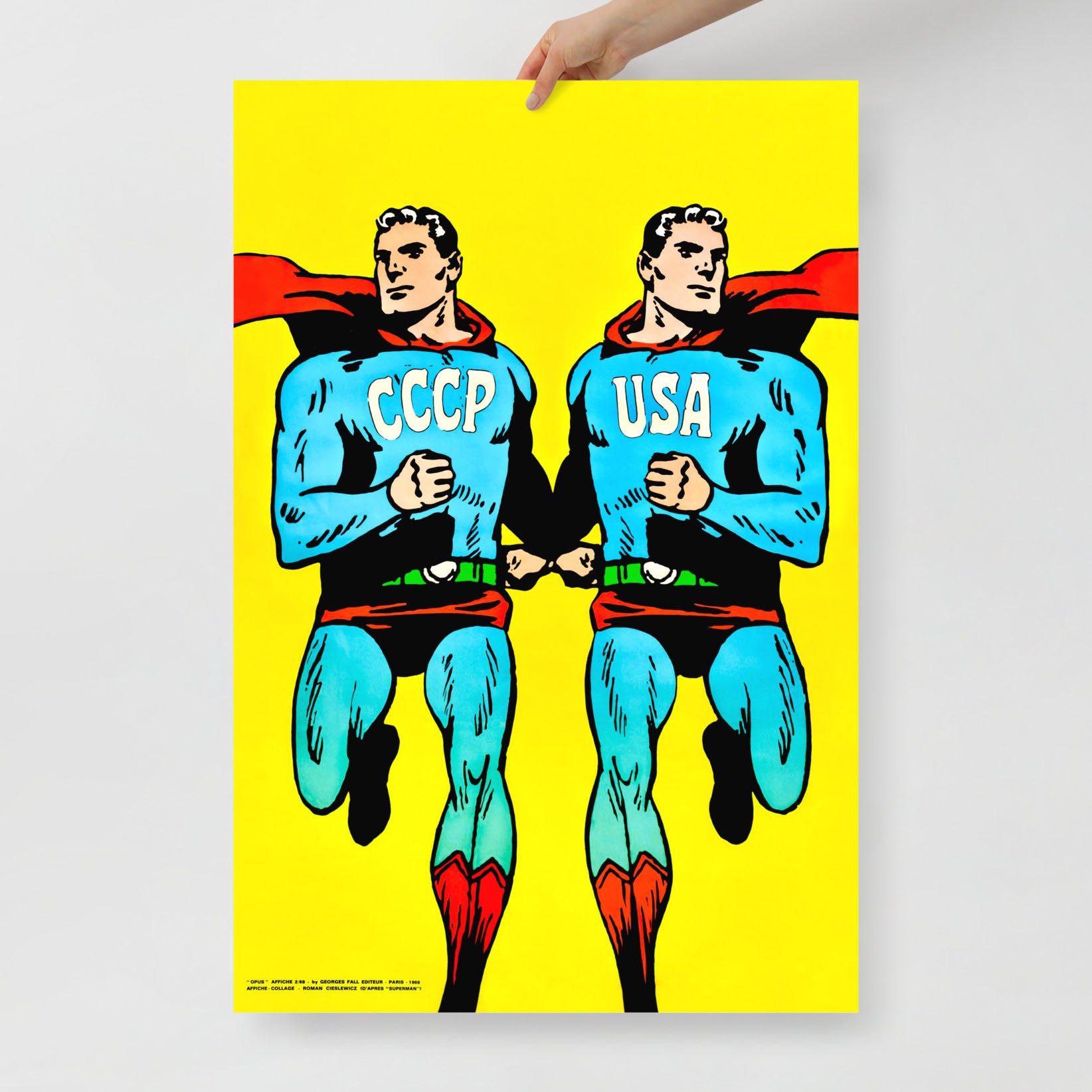 Two Superman-style figures – CCCP and USA Cold War comic parody poster