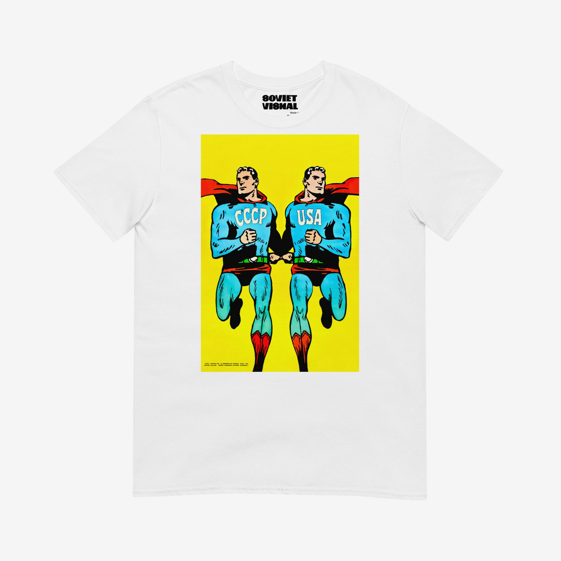 Superpowers T-shirt. Two supermen style figures running – CCCP and USA comic parody art 