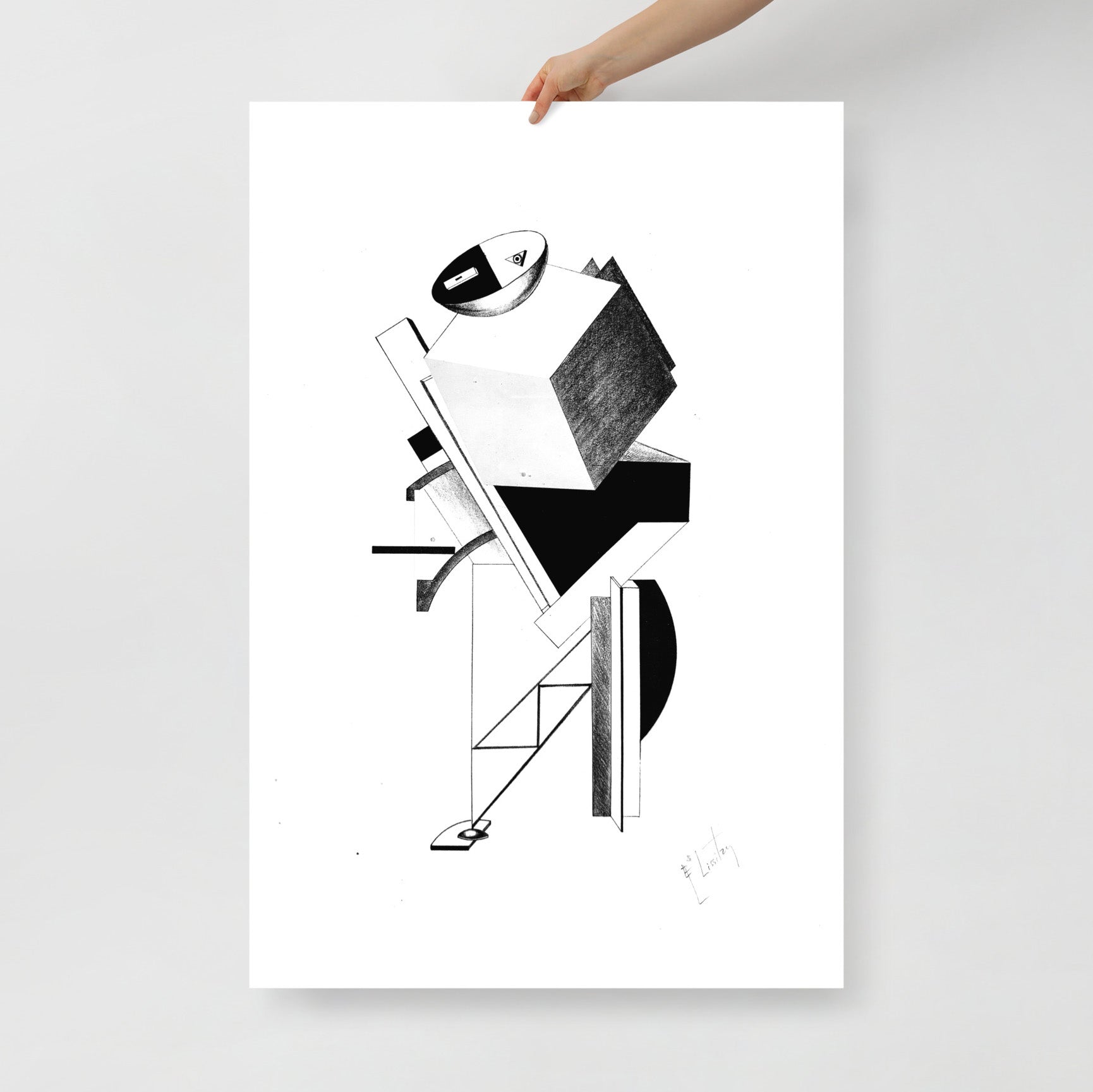 A hand holds large El Lissitzky poster Sentry No. 3, Victory Over the Sun, 1923 Constructivism geometric lithograph print, Russian Avant Garde art 62x91cm. www.artsoviet.com