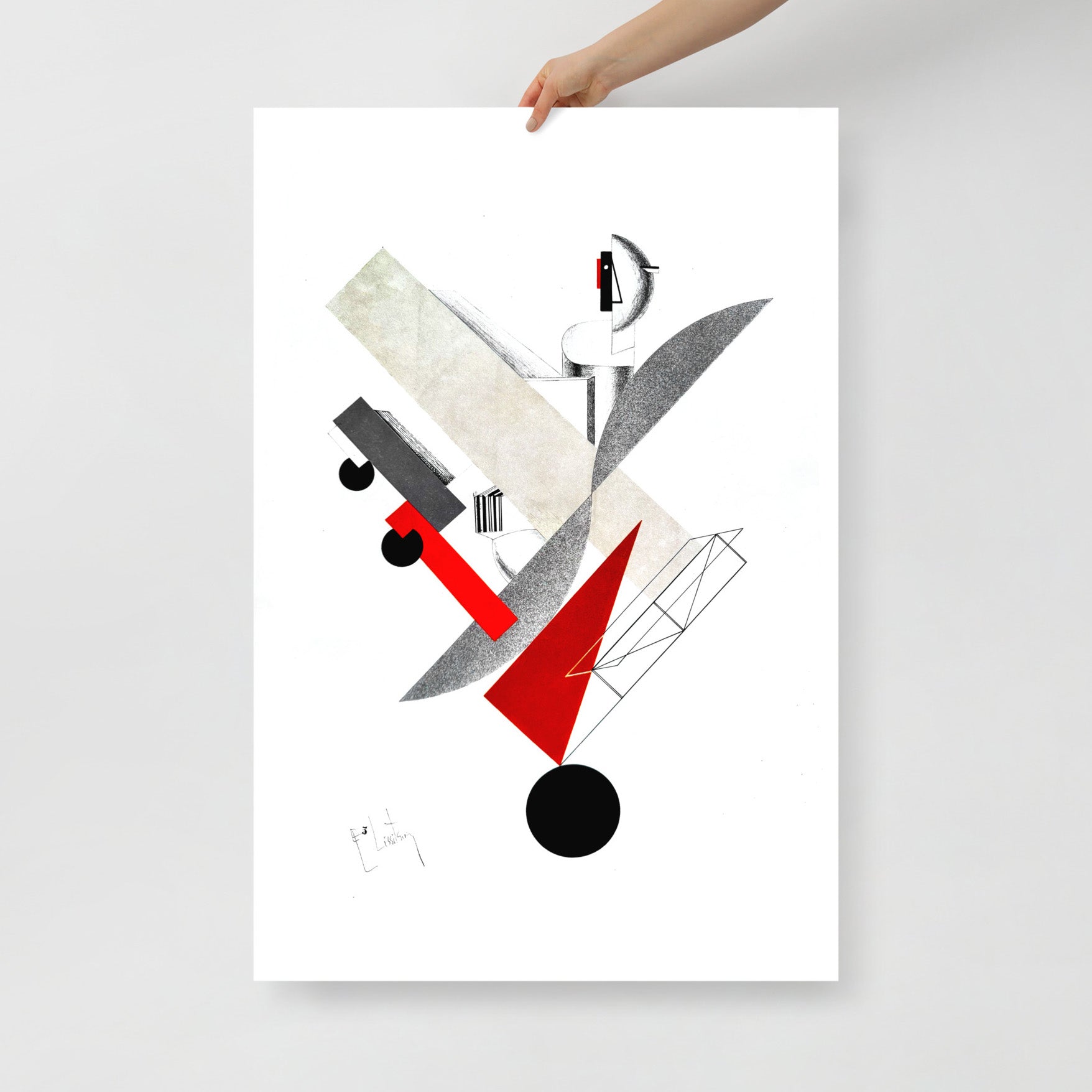 A hand holds large El Lissitzky poster Globetrotter (in Time) No. 5, Victory Over the Sun, 1923 Constructivism geometric lithograph print, Russian Avant Garde art 62x91cm. www.artsoviet.com
