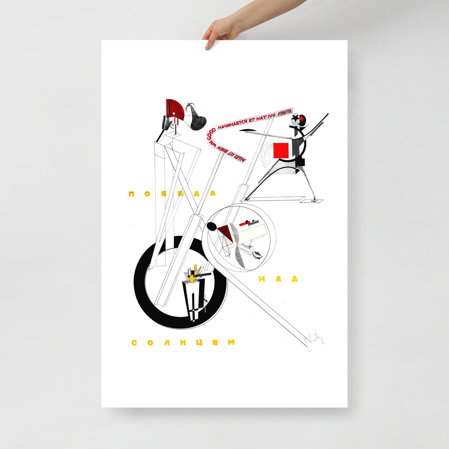 A hand holds large El Lissitzky poster Part of the Show Machinery, Victory Over the Sun, 1923 Constructivism lithograph print, geometric Soviet Avant Garde art 62x91cm. www.artsoviet.com