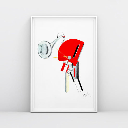 El Lissitzky poster The Announcer No. 2, Victory Over the Sun, 1923 Constructivism geometric lithograph print, Russian Avant Garde art 62x91cm. www.artsoviet.com