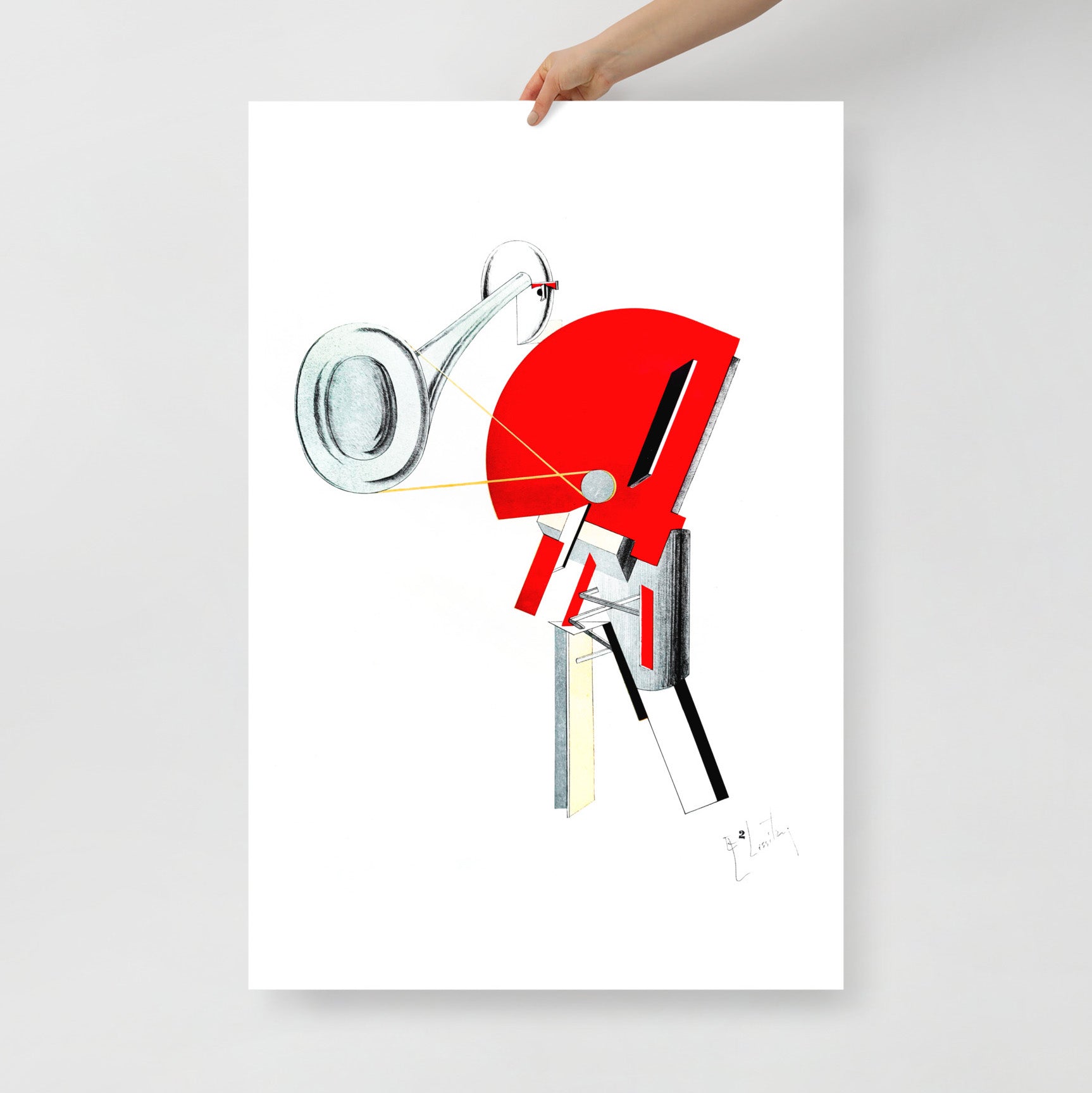 A hand holds large El Lissitzky poster The Announcer No. 2, Victory Over the Sun, 1923 Constructivism geometric lithograph print, Russian Avant Garde art 62x91cm. www.artsoviet.com