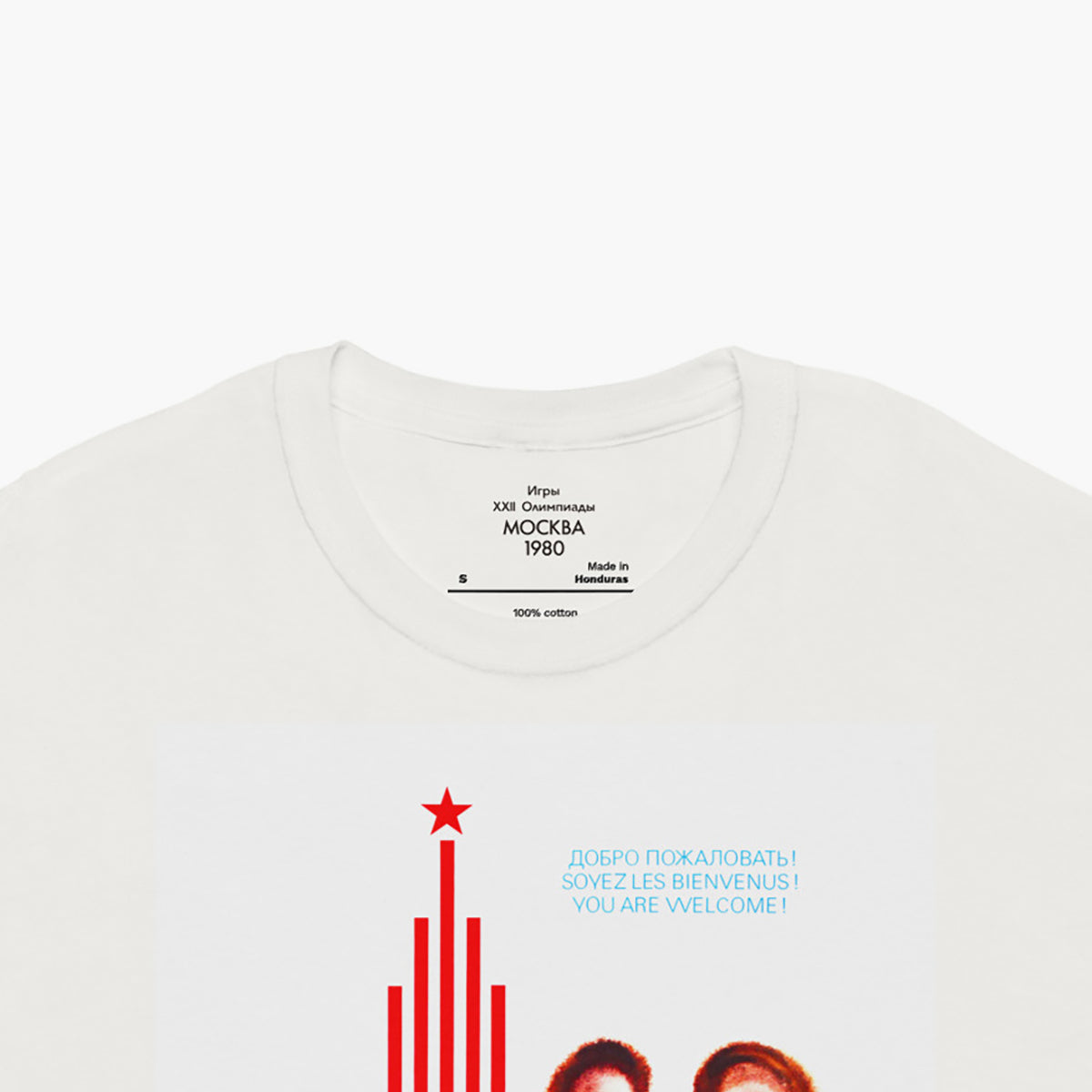 Vintage white T-shirt with Soviet Olympic Bear and Moscow 1980 Olympics logo - closeup photo and inside label design