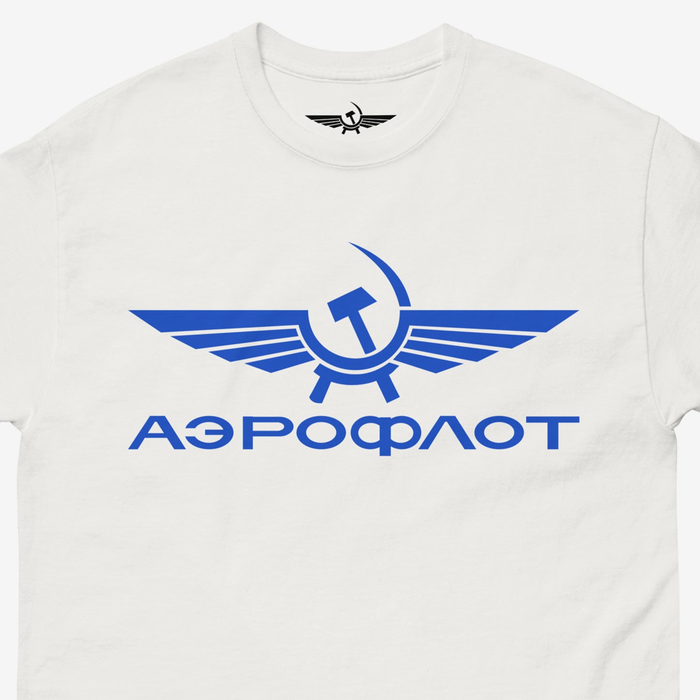 Vintage Aeroflot Soviet airlines white unisex T-shirt. Closeup print details photo with Аэрофлот logo seen on the necktag. www.artsoviet.com