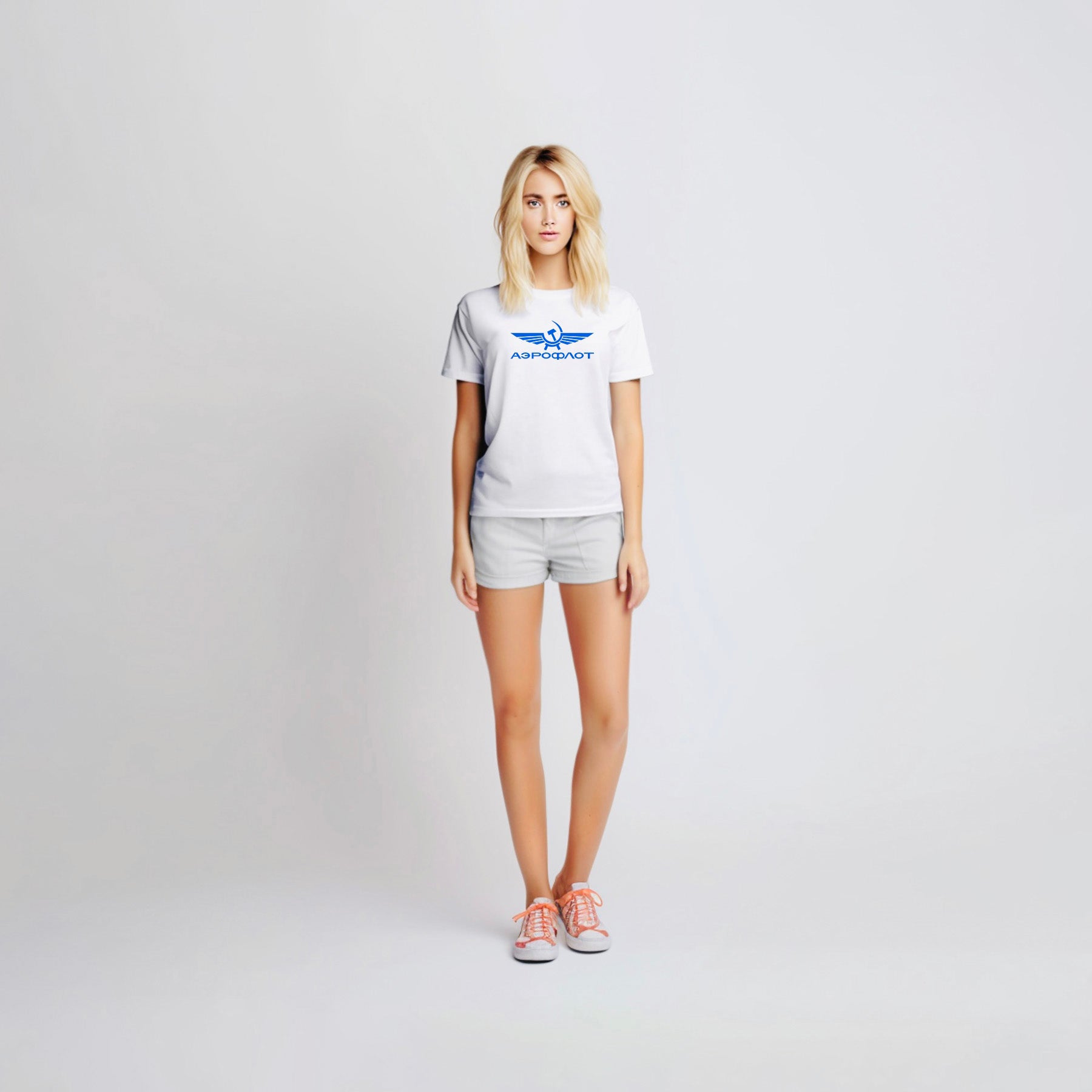 Young skinny sexy model girl in short shorts wearing vintage Aeroflot Soviet airlines white unisex T-shirt. www.artsoviet.com