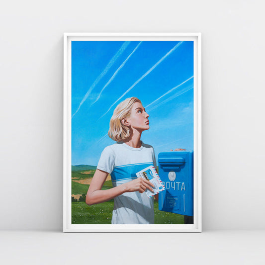 Large poster with blonde Soviet Russian girl with a letter to Leningrad beside blue postbox, looking at sky trails – sensual and nostalgic rural scene
