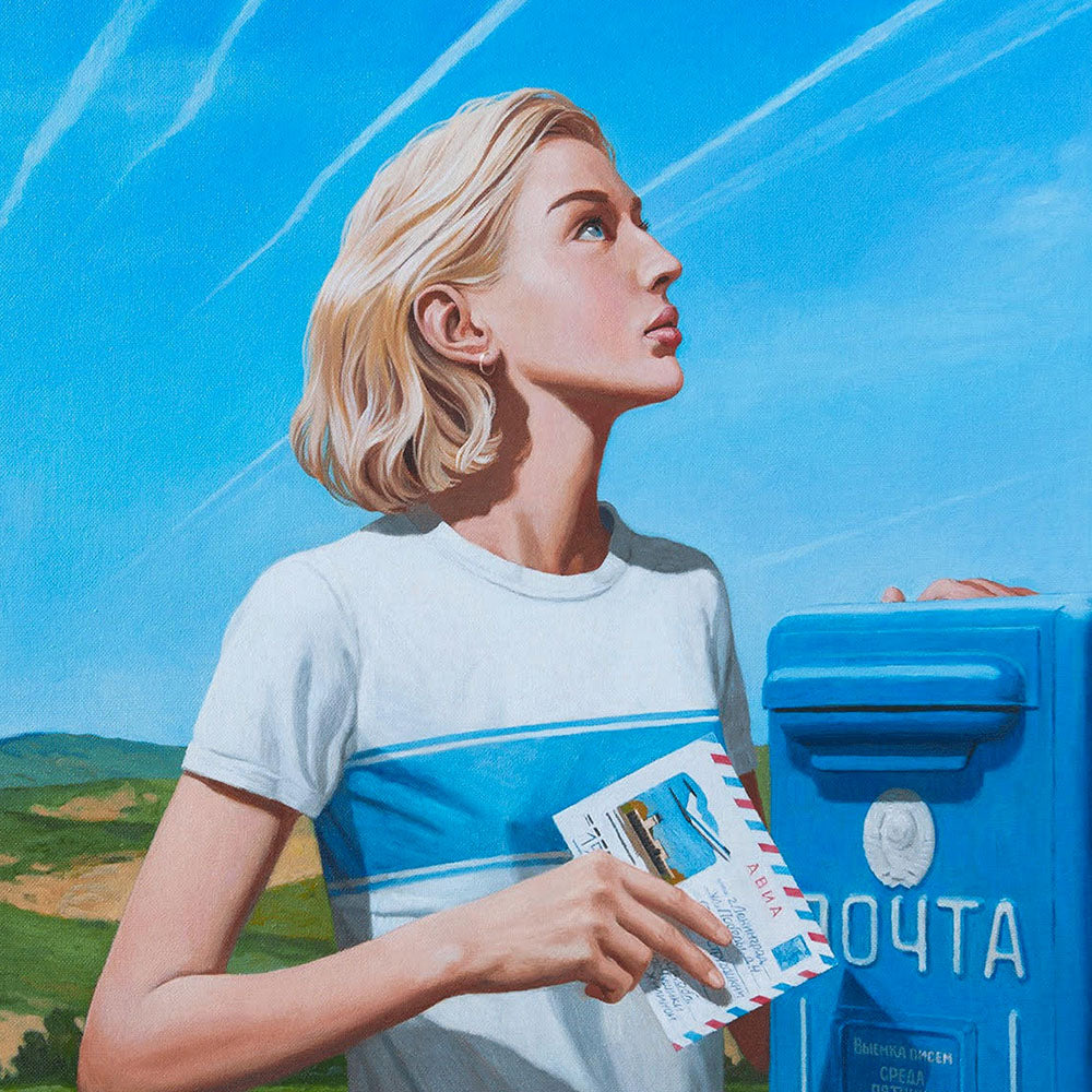 Large poster with blonde Soviet Russian girl with a letter to Leningrad beside blue postbox, looking at sky trails – sensual and nostalgic rural scene