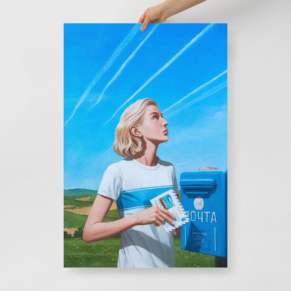 Large poster with blonde Soviet Russian girl with a letter to Leningrad beside blue postbox, looking at sky trails – sensual and nostalgic rural scene