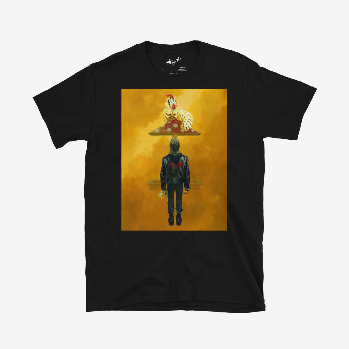Unisex black Tee with 90s Russian punk boy in Alisa leather jacket holding glue and bag under surreal mushroom playground roof with caterpillar, symbolising drug escape in post-Soviet Russia