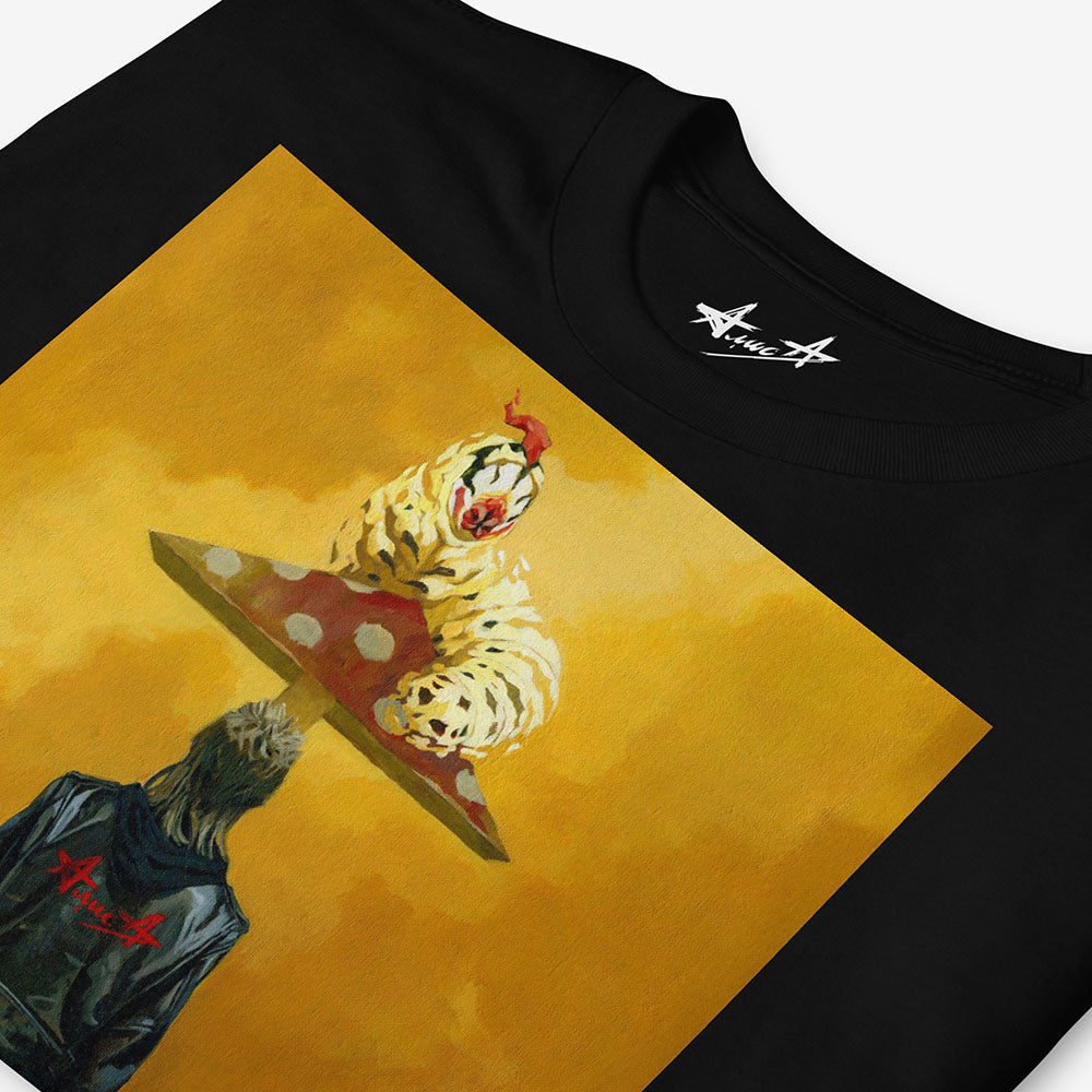Unisex black Tee with 90s Russian punk boy in Alisa leather jacket holding glue and bag under surreal mushroom playground roof with caterpillar, symbolising drug escape in post-Soviet Russia
