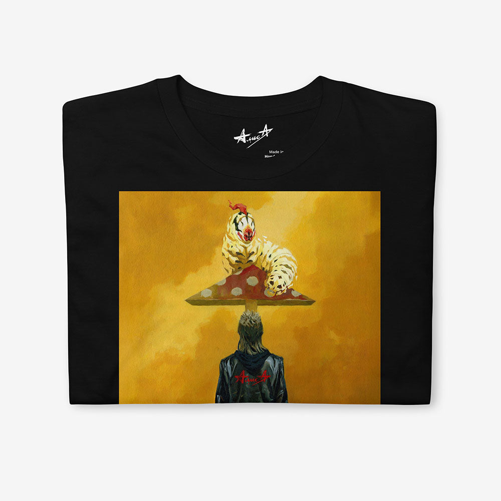 Unisex black Tee with 90s Russian punk boy in Alisa leather jacket holding glue and bag under surreal mushroom playground roof with caterpillar, symbolising drug escape in post-Soviet Russia