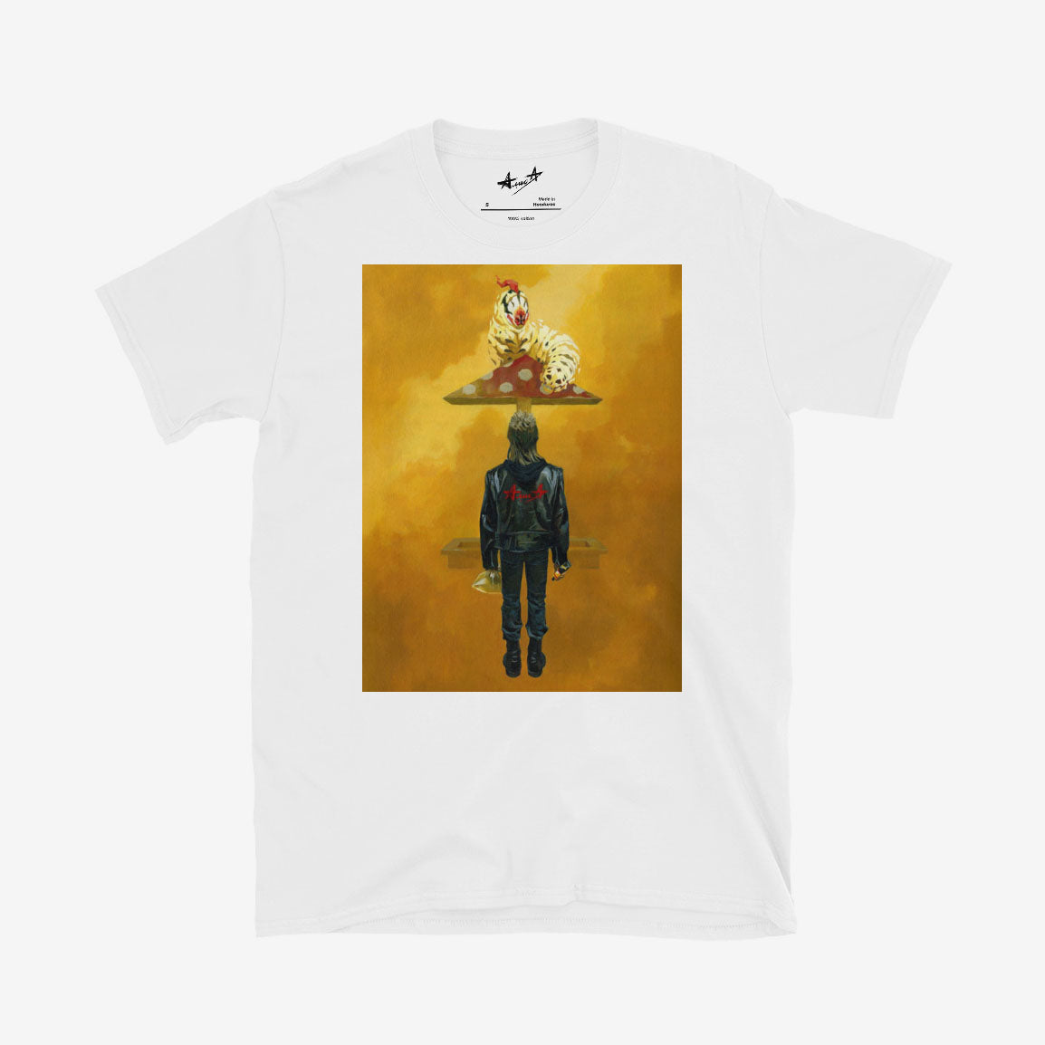 Unisex white Tee with 90s Russian punk boy in Alisa leather jacket holding glue and bag under surreal mushroom playground roof with caterpillar, symbolising drug escape in post-Soviet Russia