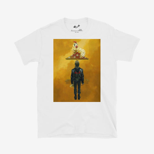 Unisex white Tee with 90s Russian punk boy in Alisa leather jacket holding glue and bag under surreal mushroom playground roof with caterpillar, symbolising drug escape in post-Soviet Russia