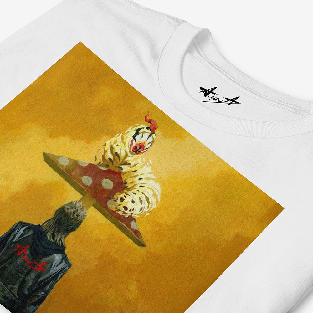 Unisex white Tee with 90s Russian punk boy in Alisa leather jacket holding glue and bag under surreal mushroom playground roof with caterpillar, symbolising drug escape in post-Soviet Russia