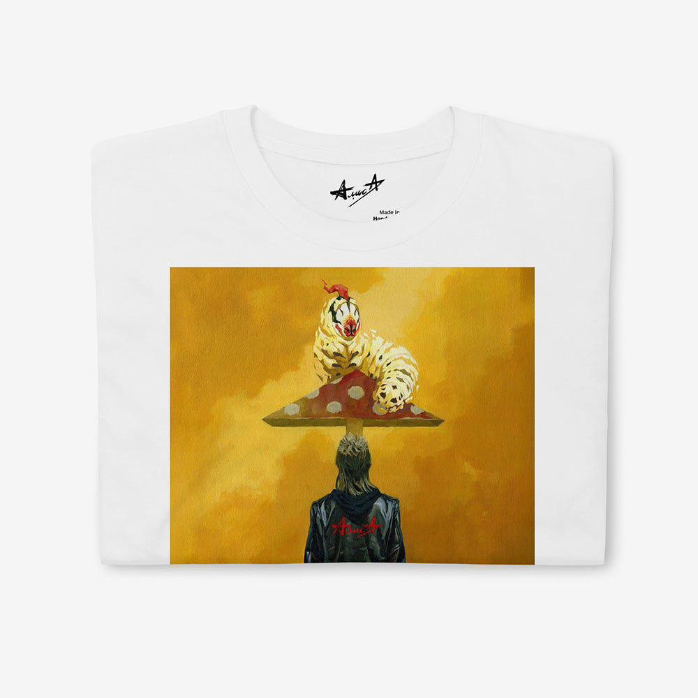 Unisex white Tee with 90s Russian punk boy in Alisa leather jacket holding glue and bag under surreal mushroom playground roof with caterpillar, symbolising drug escape in post-Soviet Russia