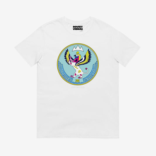 T-shirt featuring the Altai Republic coat of arms, a unique emblem with Russian and Soviet design influences. Rare and striking symbol.