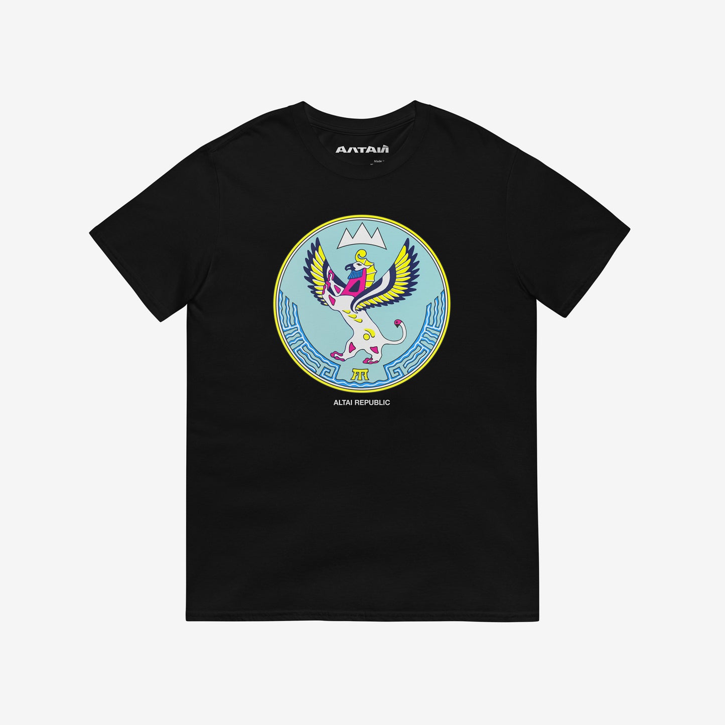Black unisex T-shirt featuring the Altai Republic coat of arms, a unique emblem design with Russian and Soviet design influences. Featuring АЛТАЙ text logo on necktag. www.artsoviet.com