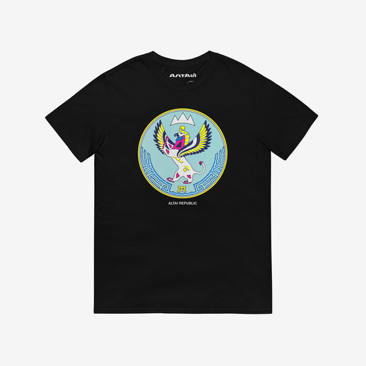 Black unisex T-shirt featuring the Altai Republic coat of arms, a unique emblem design with Russian and Soviet design influences. Featuring АЛТАЙ text logo on necktag. www.artsoviet.com