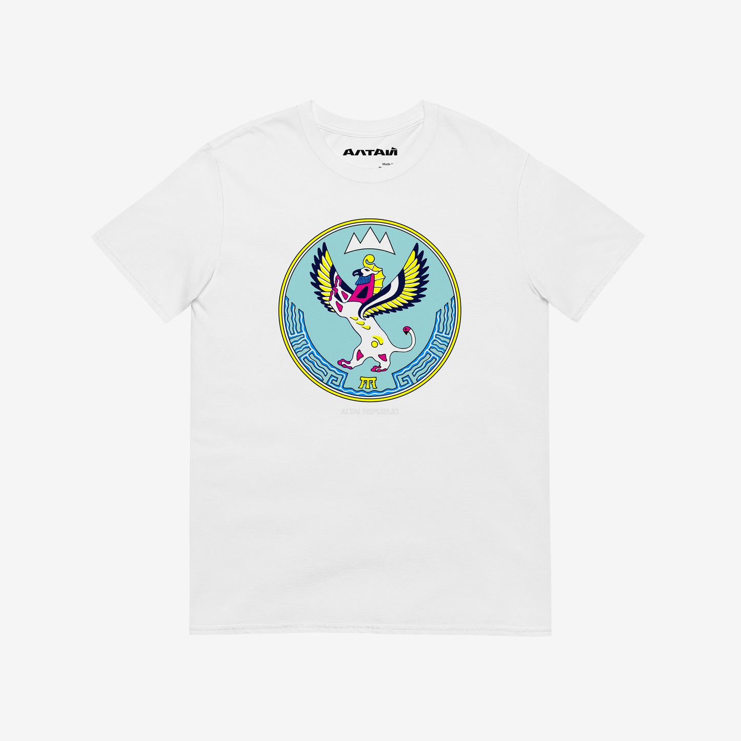 White unisex T-shirt featuring the Altai Republic coat of arms, a unique emblem design with Russian and Soviet design influences. Featuring АЛТАЙ text logo on necktag. www.artsoviet.com