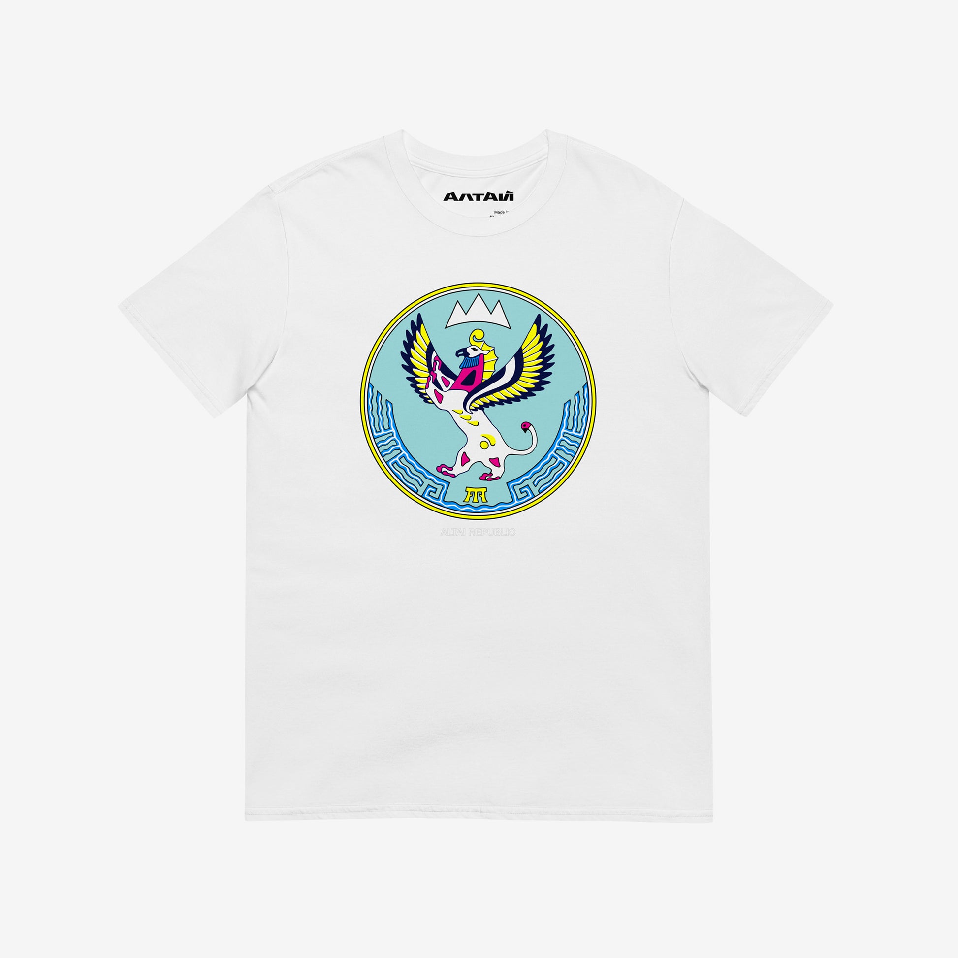 White unisex T-shirt featuring the Altai Republic coat of arms, a unique emblem design with Russian and Soviet design influences. Featuring АЛТАЙ text logo on necktag. www.artsoviet.com