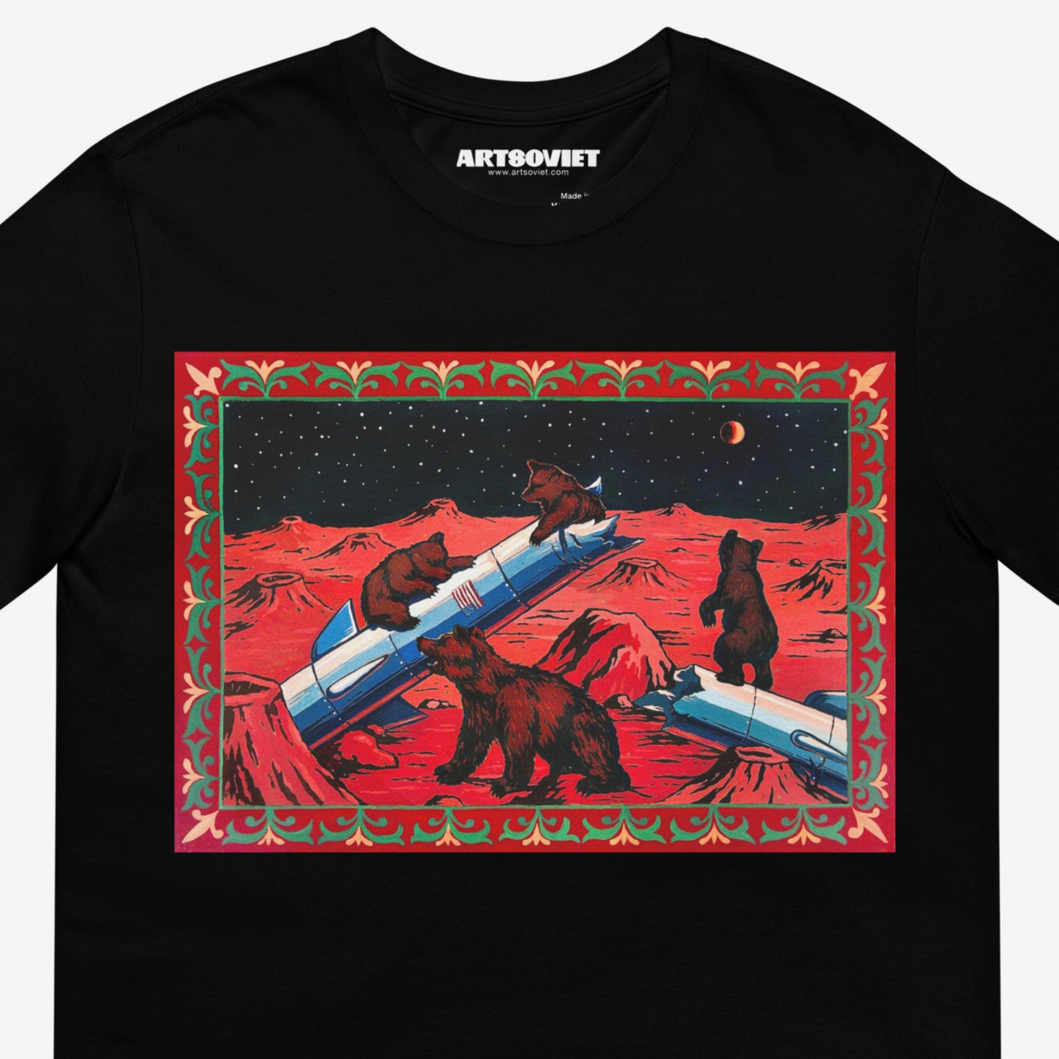 Black unisex tee with painting Bears on Mars. Soviet Sci-Fi Space. Shishkin parody painting. Closeup photo. www.artsoviet.com