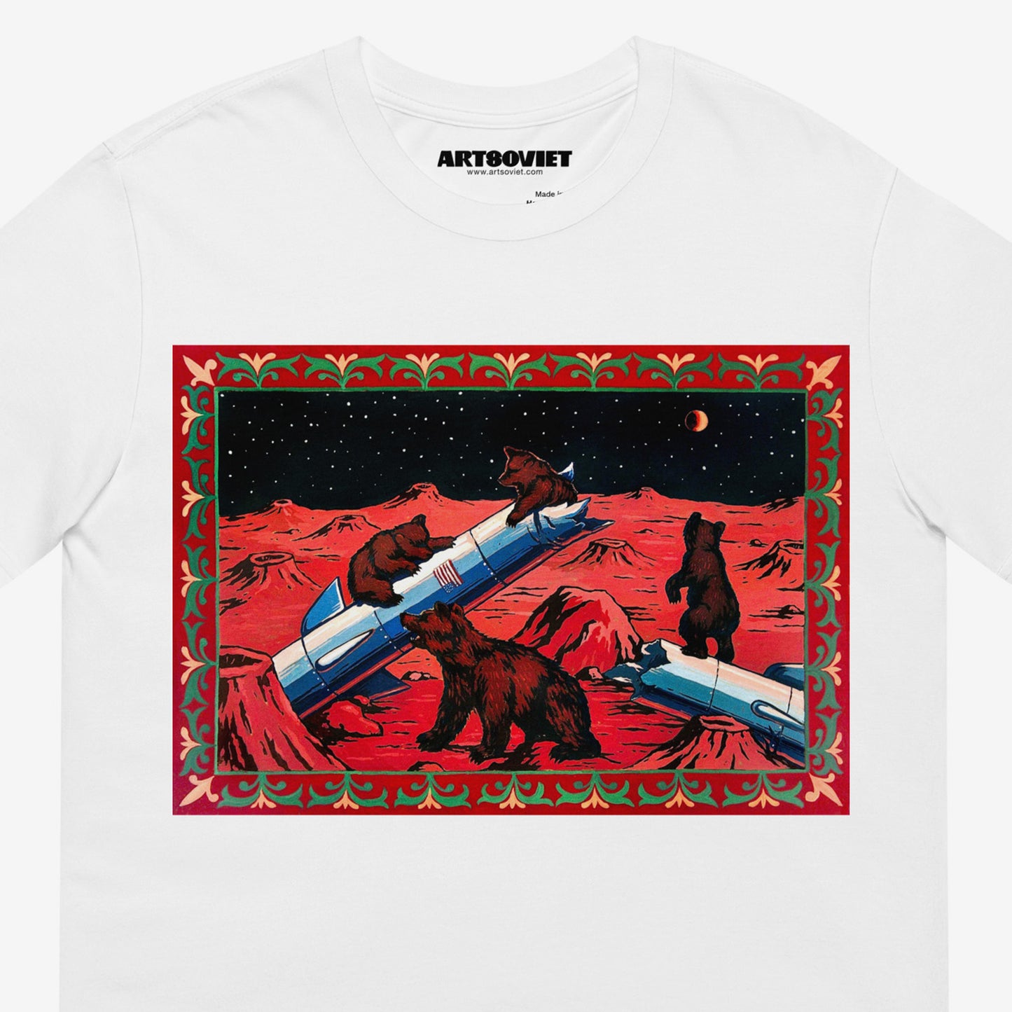 White unisex tee with painting Bears on Mars. Soviet Sci-Fi Space. Shishkin parody painting. Closeup photo. www.artsoviet.com