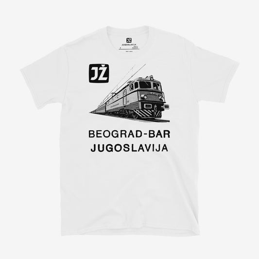 Beograd-Bar Yugoslavia JŽ railway T-shirt featuring historic train logo.