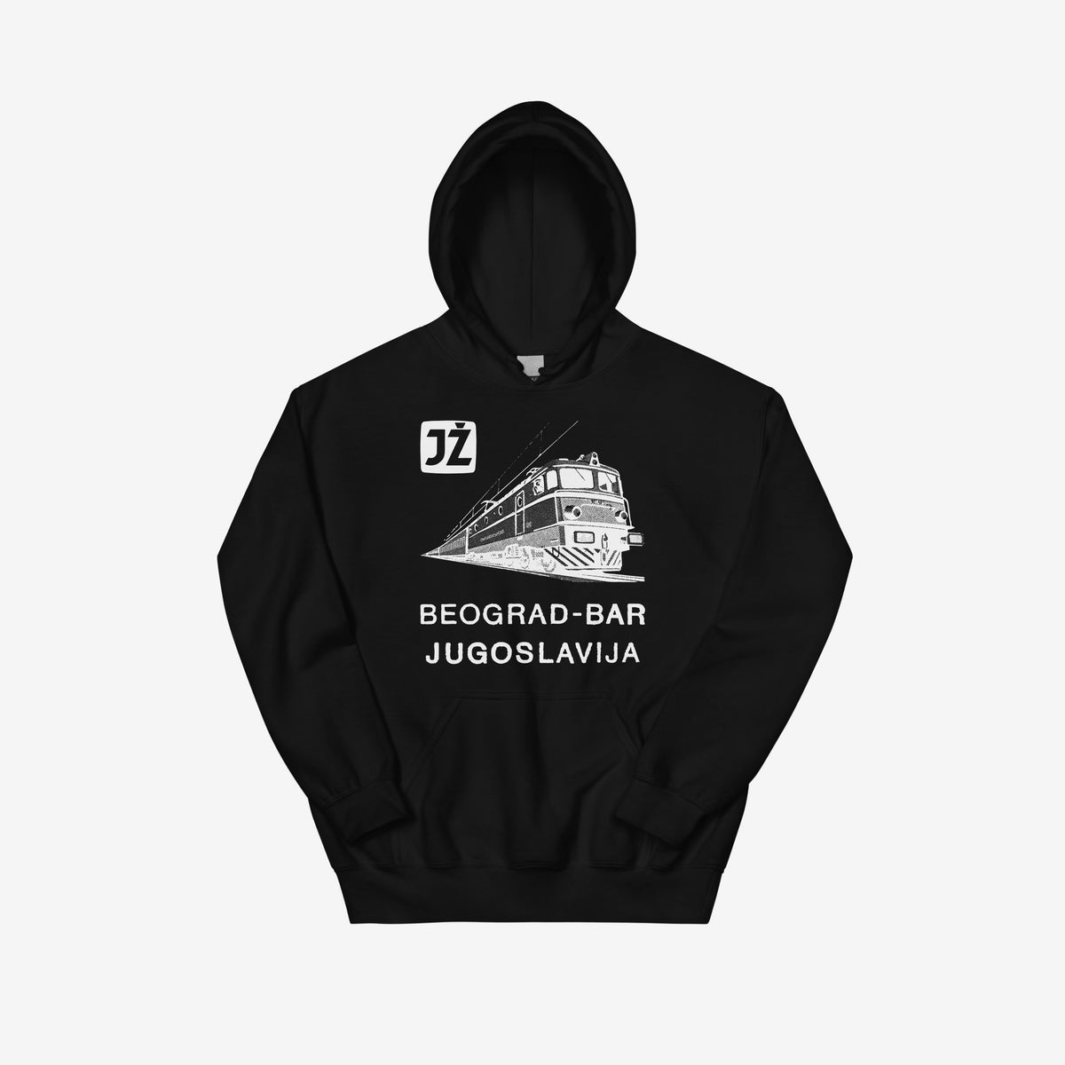 Beograd-Bar Yugoslavia JŽ railway black hoodie featuring historic train logo.