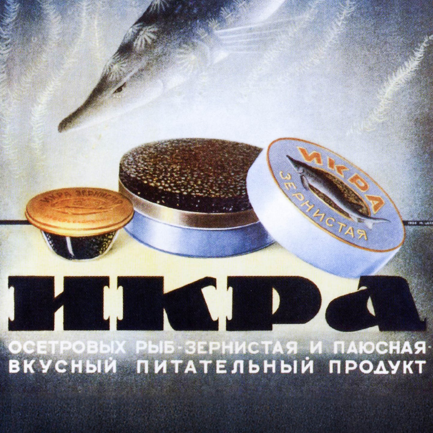 Vintage Soviet advertising poster for black caviar, featuring bold USSR typography and elegant design.