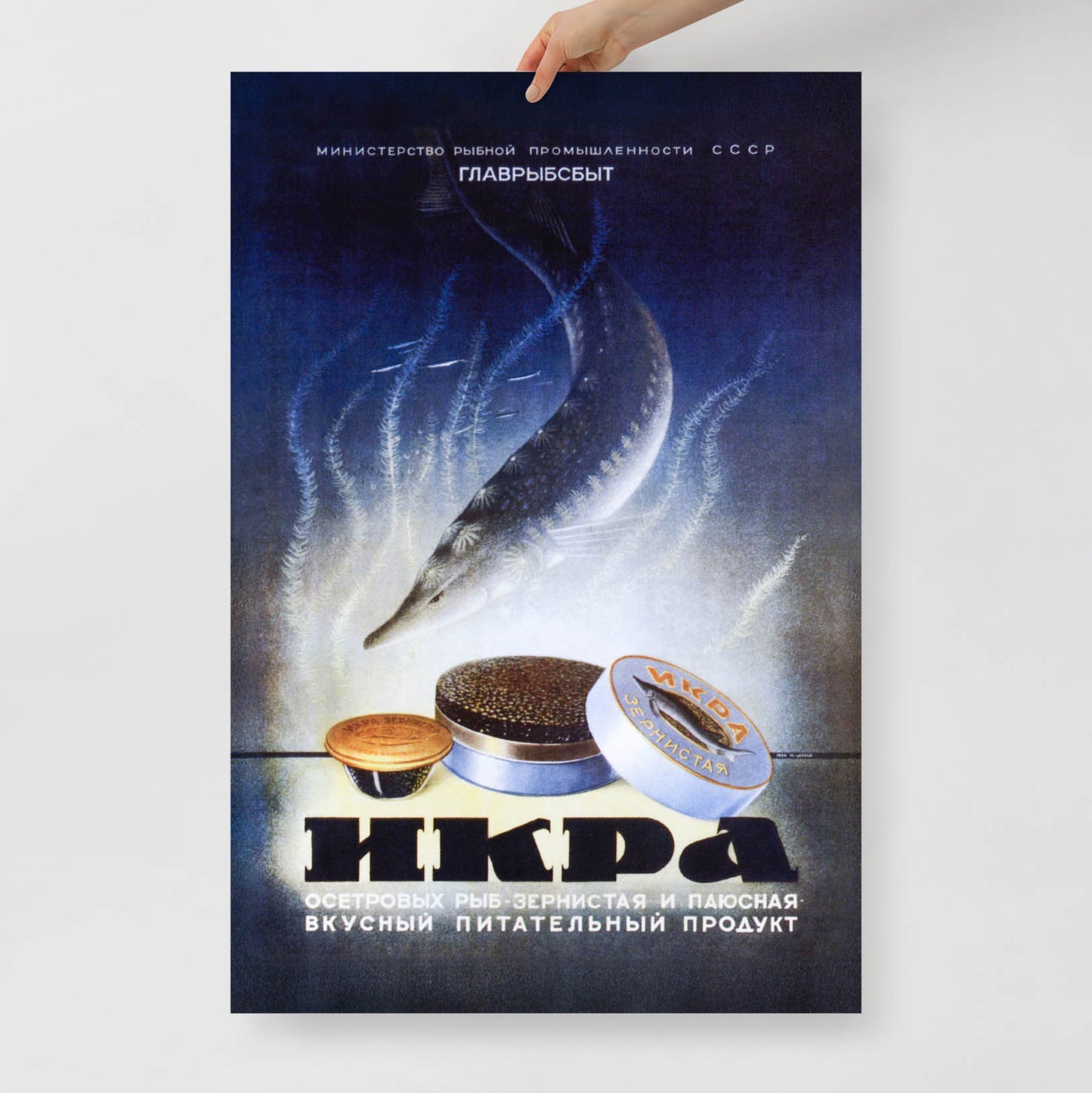 Vintage Soviet advertising poster for black caviar, featuring bold USSR typography and elegant design.