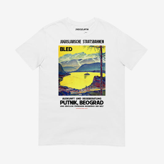 Unisex T-shirt with Lake Bled Yugoslavia Putnik Beograd vintage travel artwork in high resolution
